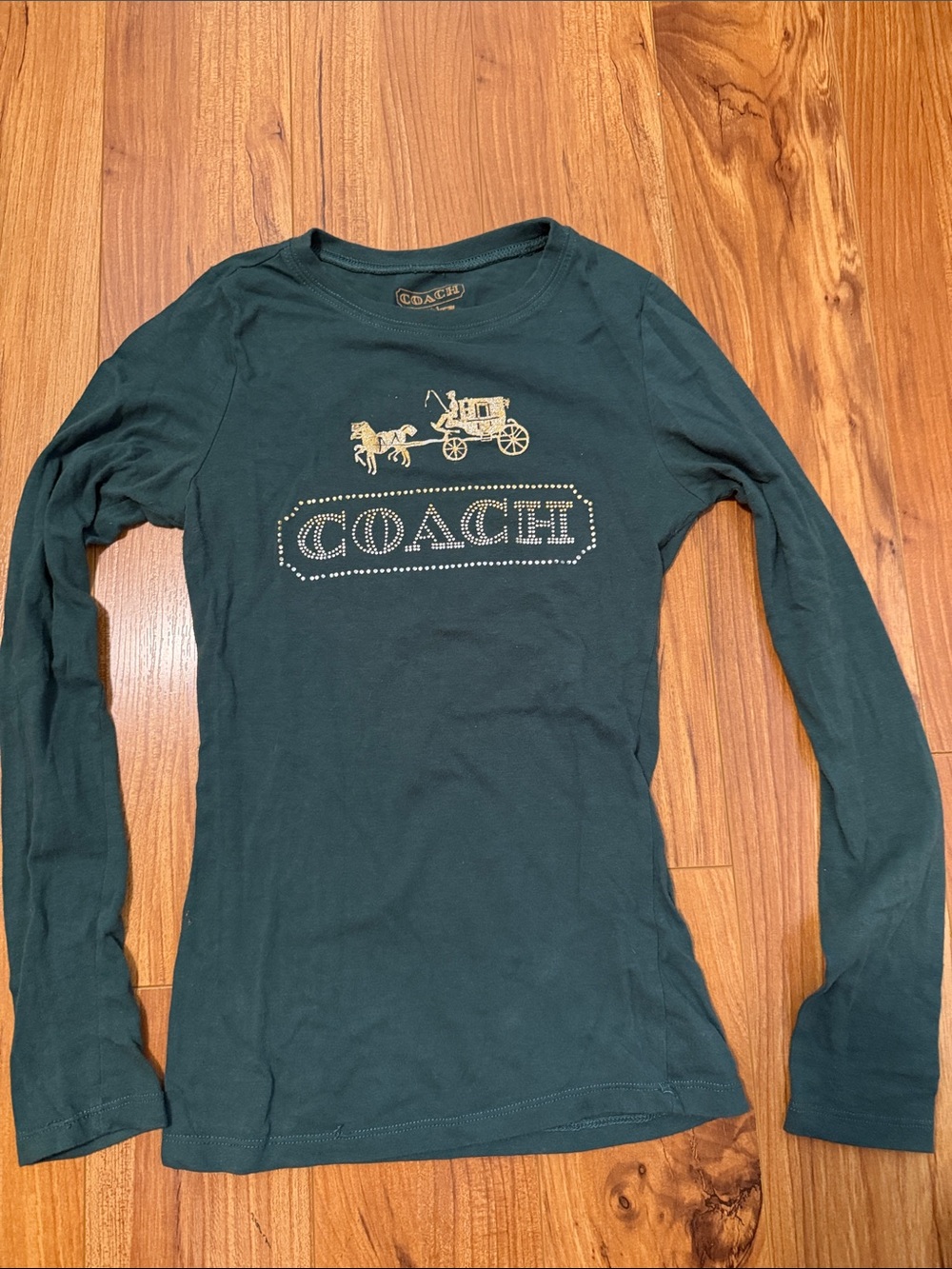 Coach Forest Green Long Sleeve Logo Tee with Gold Print rare